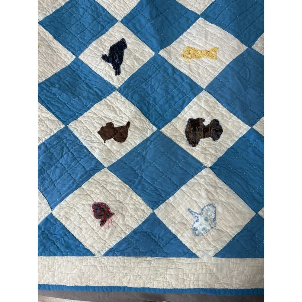 Antique Cotton Patchwork‎ Quilt Blue White Handmade Square Blocks 48